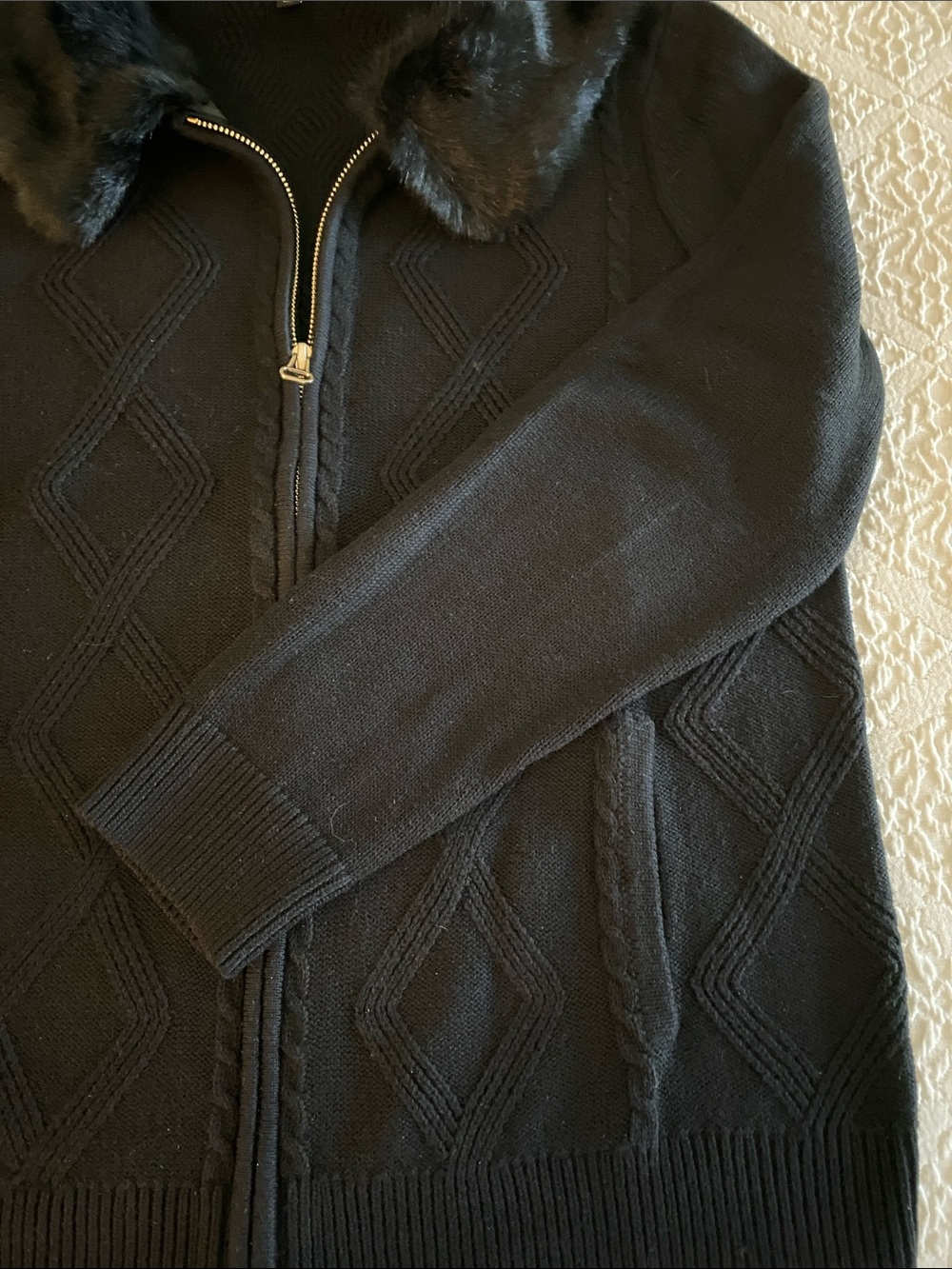 Talbots Black Knit Zip Cardigan with Faux Fur Trim • Petite Large - Picture 6 of 15